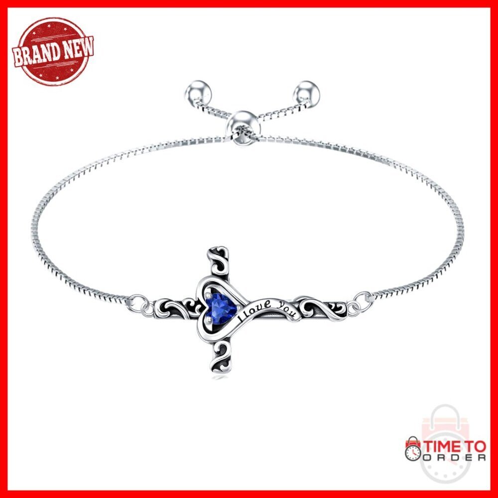 925 Sterling Silver Cross Heart Bracelet Adjustable Birthstone Jewelry Gift